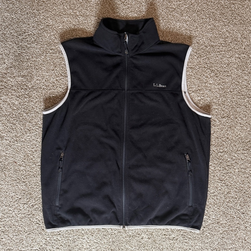L.L. Bean Polartec Fleece Vest Mens Large Black Gray Trim Full Zip 0AFW8 Vintage